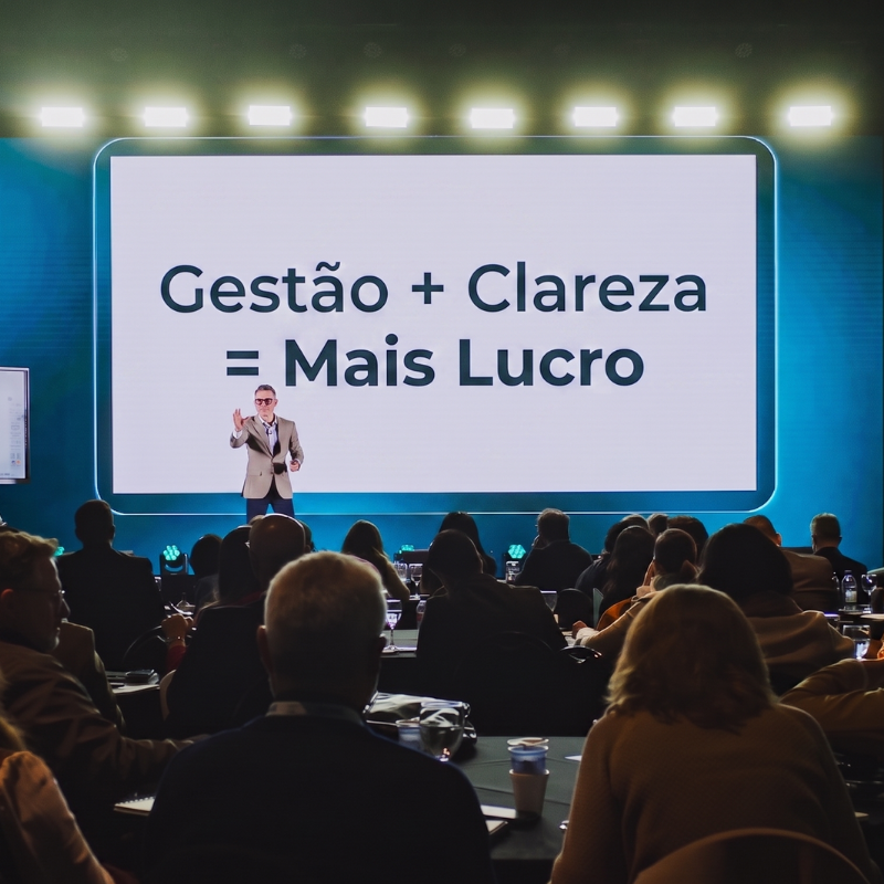 Rogério Magalhães no palco do MedGest apresentando a fórmula: Gestão + Clareza = Mais Lucro